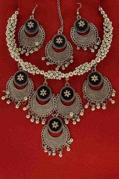 Oxidized silver choker necklace set with black floral charms and matching earrings – ethnic women’s jewelry