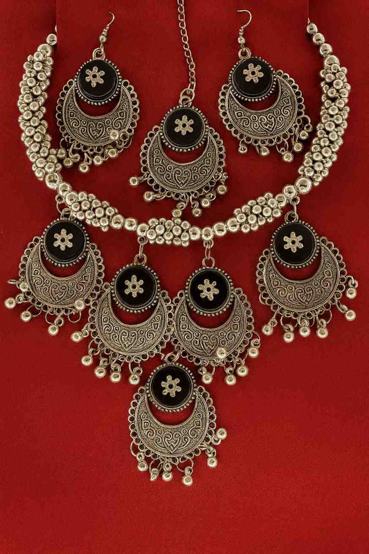Oxidized silver choker necklace set with black floral charms and matching earrings – ethnic women’s jewelry