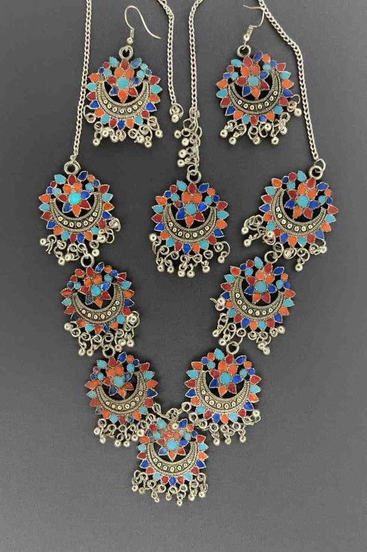 Handcrafted oxidized multicolor floral choker necklace set with matching earrings and maang tikka – bohemian ethnic jewelry for women