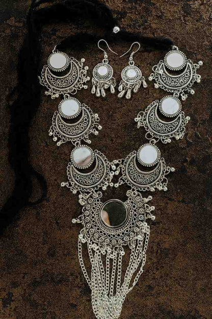 Oxidized silver mirror choker necklace set with earrings and maang tikka – ethnic jewelry for women.