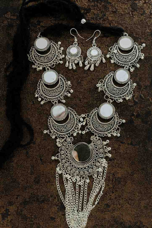 Oxidized silver mirror choker necklace set with earrings and maang tikka – ethnic jewelry for women.