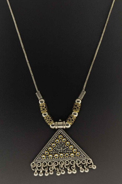 Antique silver-tone tribal triangle pendant necklace with golden accents and bead danglers – boho ethnic jewelry for women