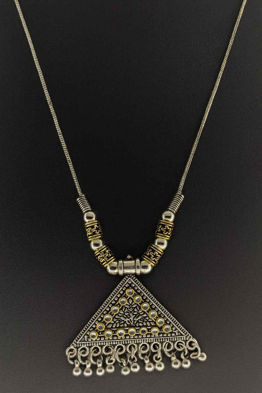 Antique silver-tone tribal triangle pendant necklace with golden accents and bead danglers – boho ethnic jewelry for women