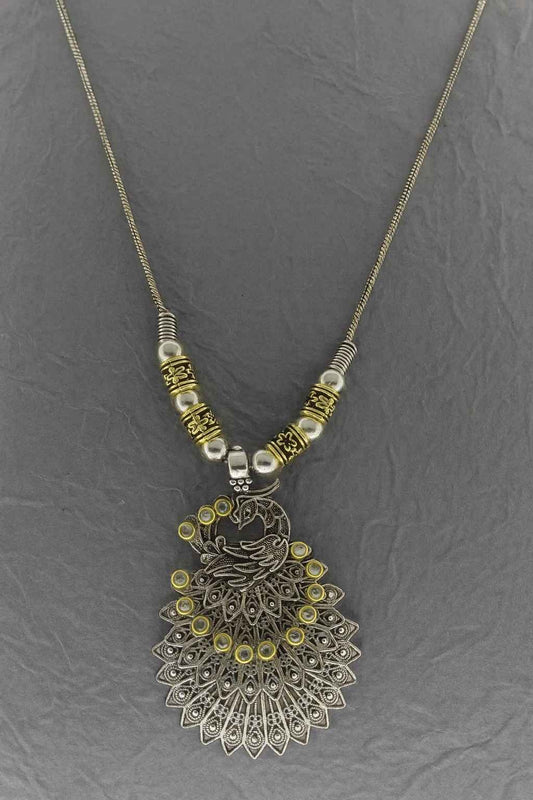 Antique peacock pendant necklace in oxidized silver with golden finish beads – ethnic jewelry for women