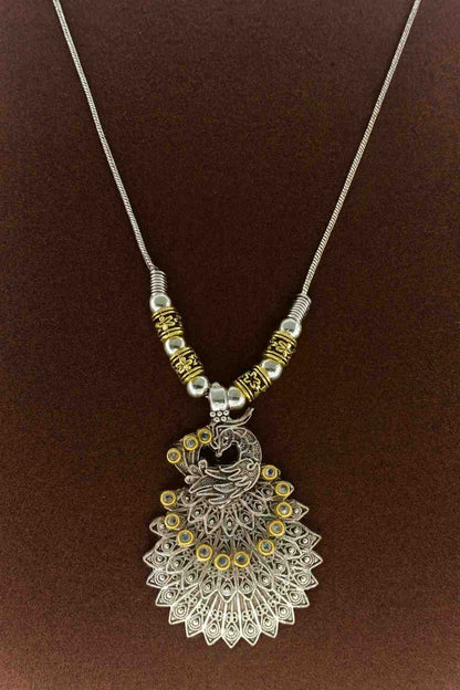Antique Peacock Pendant Necklace – Oxidized Silver with Golden Finish Accents