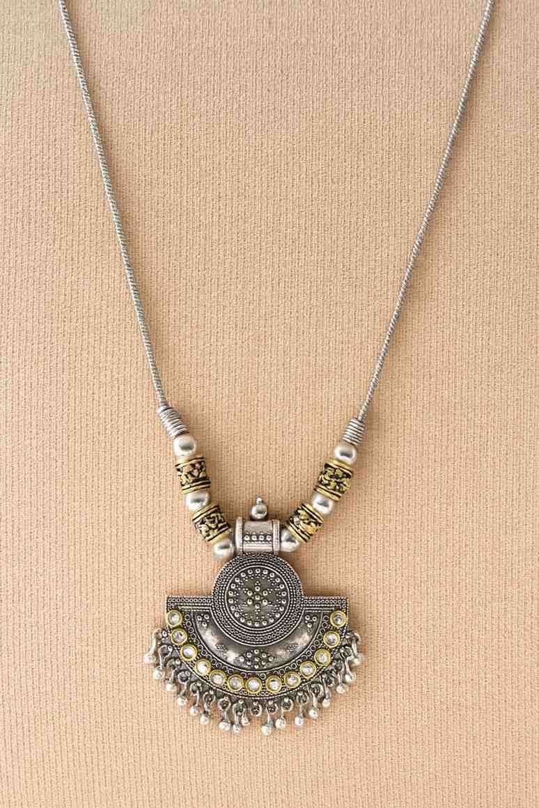 Antique oxidized German silver necklace with golden finish beads and half-moon pendant

