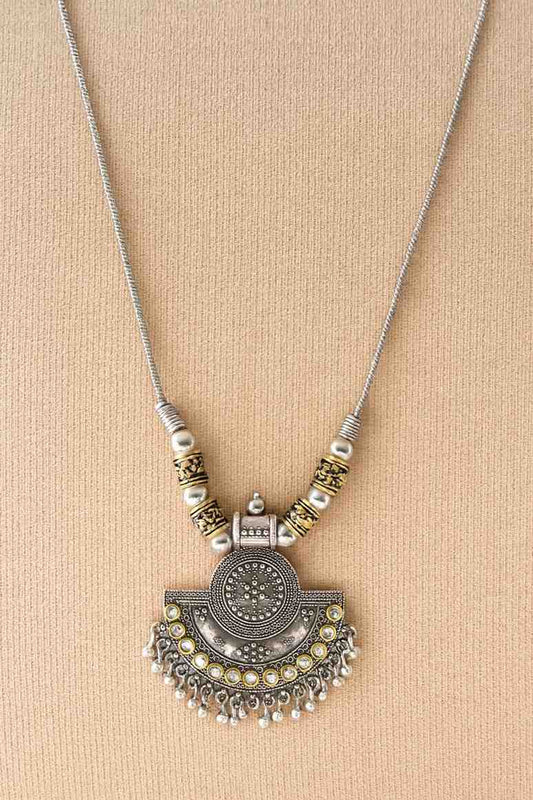 Antique oxidized German silver necklace with golden finish beads and half-moon pendant

