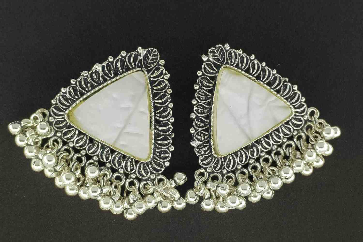 Triangle White Stone Oxidized Earrings with Hanging Beads – Ethnic Boho Jewelry
