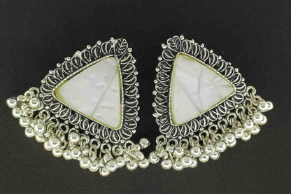 Triangle White Stone Oxidized Earrings with Hanging Beads – Ethnic Boho Jewelry