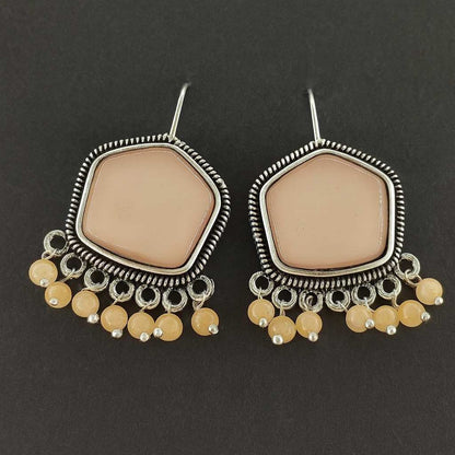 Beige Pentagon Stone Earrings with Beaded Danglers – Oxidized Finish