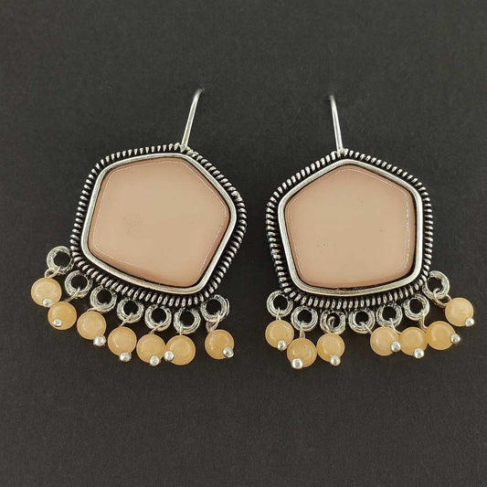 Beige Pentagon Stone Earrings with Beaded Danglers – Oxidized Finish
