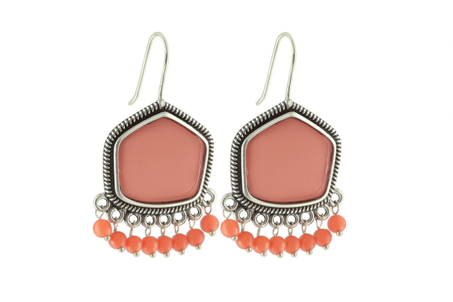 Coral pink dangle earrings with silver-tone frame and beads