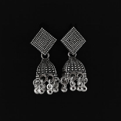 Antique silver oxidized square stud jhumka earrings front view