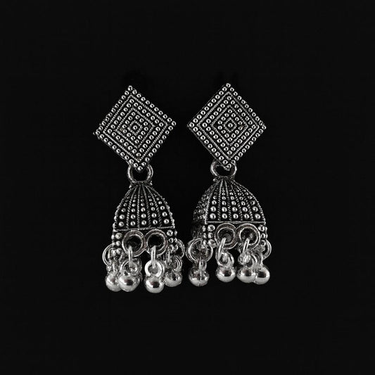 Antique silver oxidized square stud jhumka earrings front view