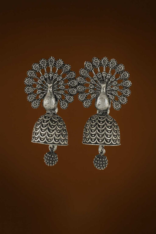 "Peacock design oxidized silver-tone jhumka earrings front view"