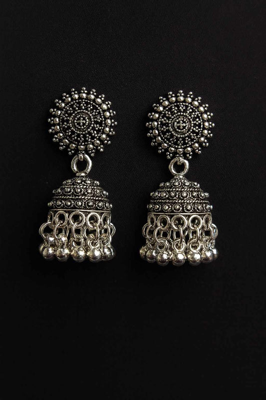 Antique oxidized silver-tone circular stud jhumka earrings front view