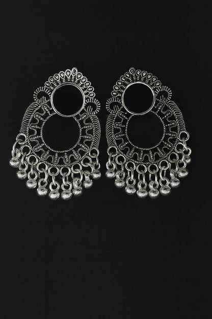 Oxidized silver-tone open hoop jhumka earrings with intricate design on black background