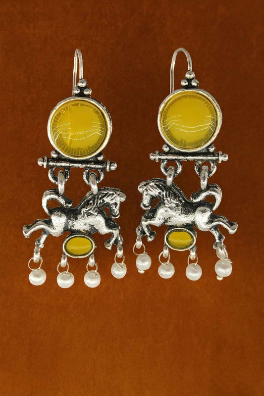 Yellow Stone Horse Charm Dangle Earrings with Pearls – Product Front View