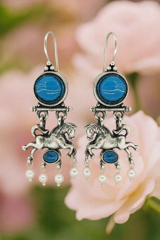 Blue Stone Horse Design Silver-Tone Earrings with Pearls – Front View