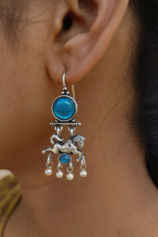 Blue Stone Horse Design Silver-Tone Earrings with Pearls – Worn on Ear