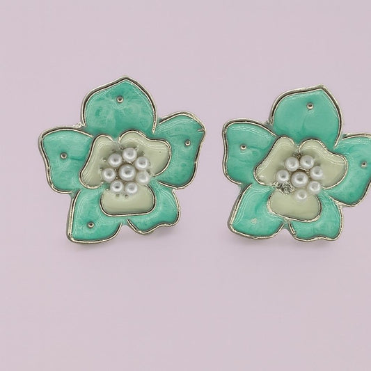Mint green floral stud earrings with pearl detailingMint green floral stud earrings with pearl detailing