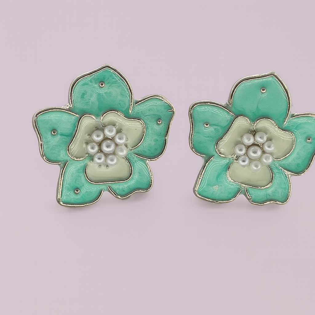 Mint Green Floral Stud Earrings with Pearl Detailing – Lightweight Design