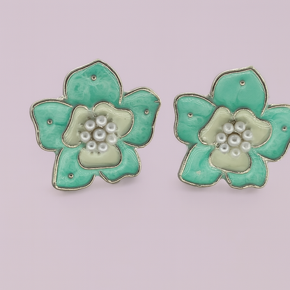 Mint Green Floral Stud Earrings with Pearl Detailing – Lightweight Design