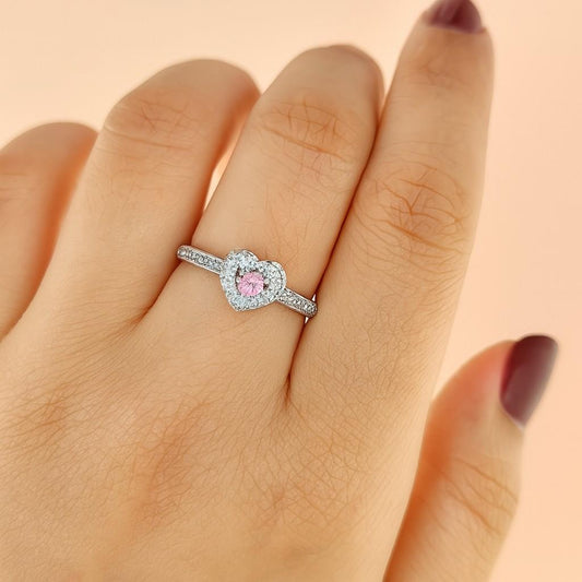 "Silver-tone pink heart stone ring with sparkling crystal accents"

