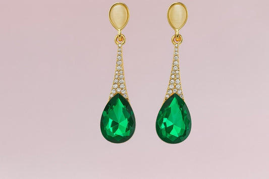 Elegant gold-tone teardrop earrings with green crystal and CZ accents – product view