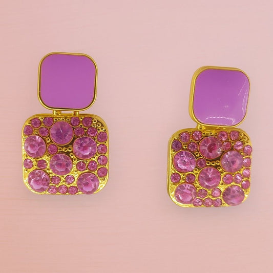 Gold-tone lilac and pink crystal square drop earrings close-up
