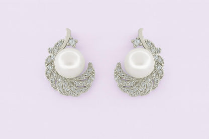 "Silver-tone feather pearl stud earrings with crystals"