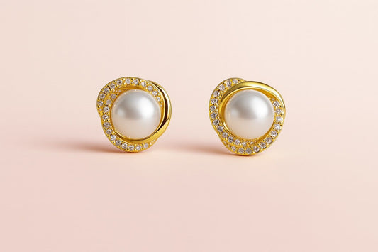 Elegant golden finish pearl & crystal halo stud earrings – product view
