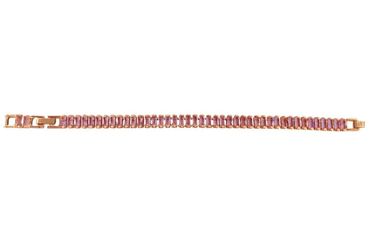 Close-up of pink baguette tennis bracelet showing crystal details