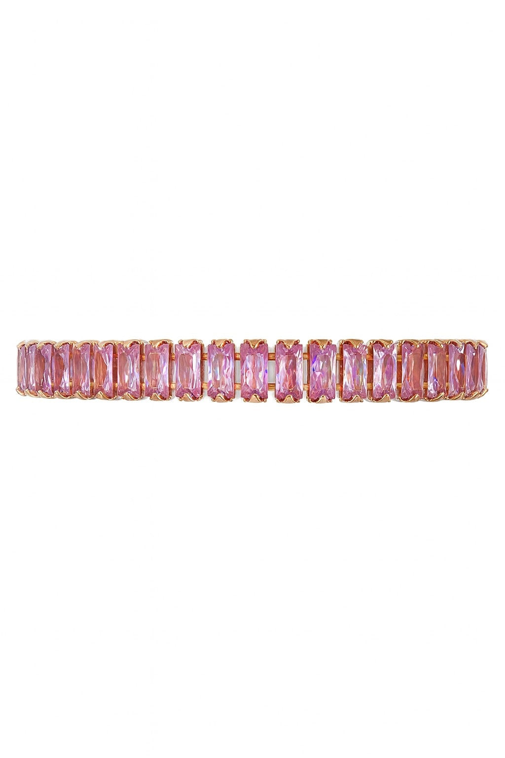 Pink baguette tennis bracelet in rose gold-tone setting on white background