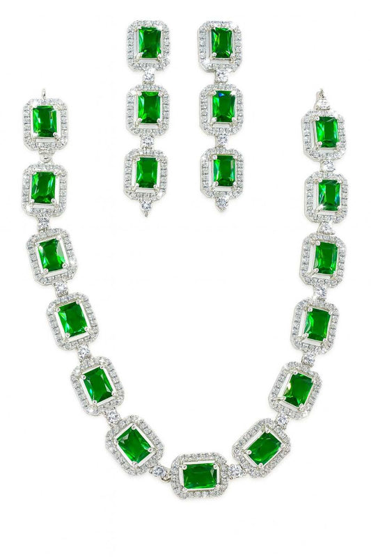 Green American Diamond necklace set with earrings in silver-tone finish on white background