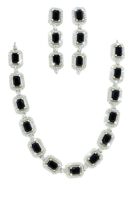 Black American Diamond necklace set with earrings in silver-tone finish on white background

