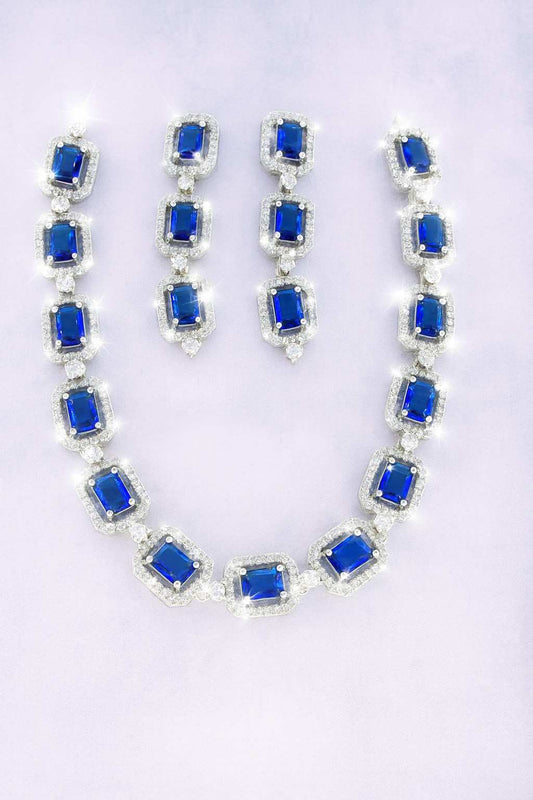 "Elegant Blue Stone Necklace Set with American Diamonds"