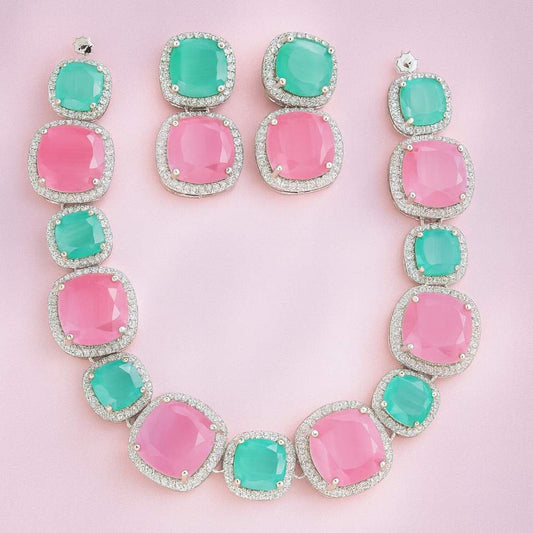 Pink & green stone necklace set with American Diamond accents – front view
