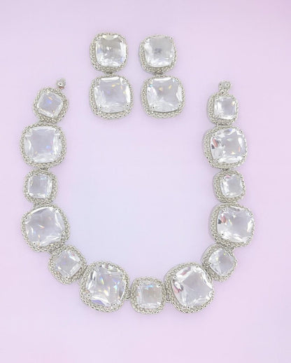 Cushion Cut White American Diamond Necklace Set with Earrings – Silver Tone