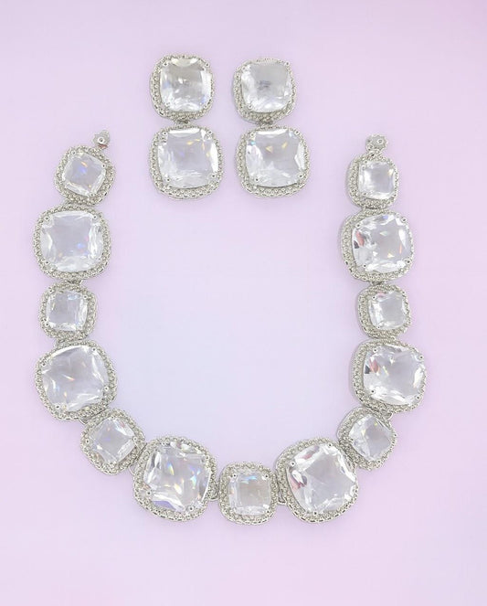 Cushion Cut White American Diamond Necklace Set with Earrings – Silver Tone