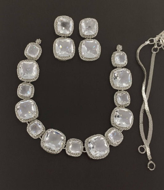 Elegant White AD Stone Bridal Necklace Set – Cushion Cut Design