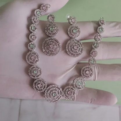 Luxury Dual-Tone Pink & Blue Circular Necklace Set with American Diamonds – Silver-Tone Finish