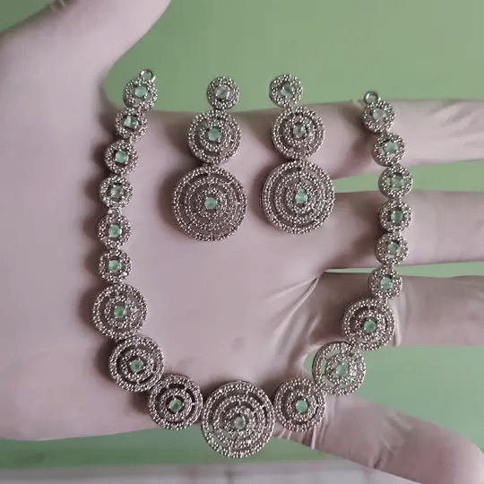 Elegant Green Stone Circular Necklace Set with American Diamonds – Silver-Tone Finish