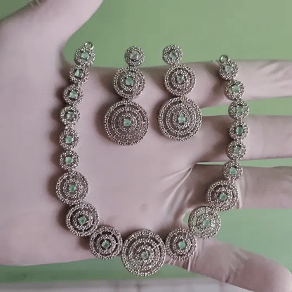 Elegant Green Stone Circular Necklace Set with American Diamonds – Silver-Tone Finish