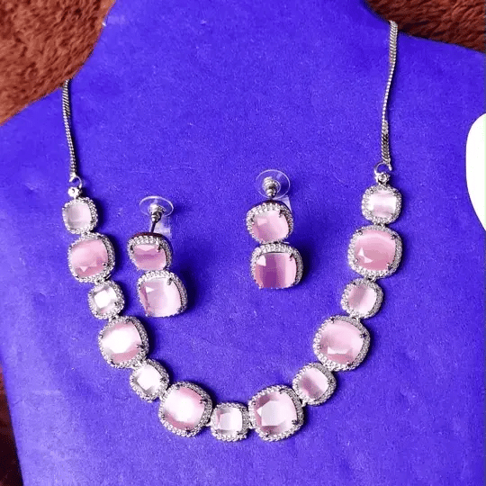 Premium Pink Cushion-Cut Stone Necklace & Earrings Set | Sparkling American Diamond Border | Party & Bridal Jewelry for Women