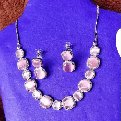 Premium Pink Cushion-Cut Stone Necklace & Earrings Set | Sparkling American Diamond Border | Party & Bridal Jewelry for Women