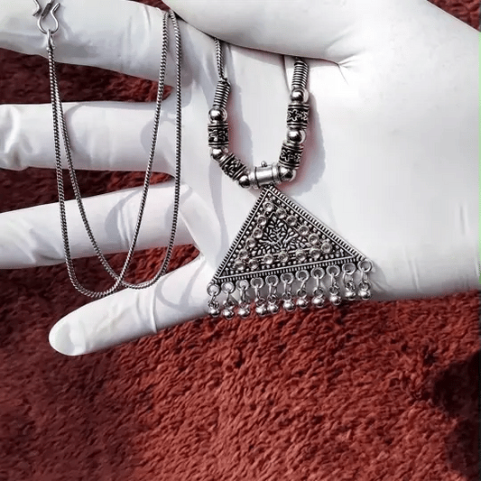Antique Silver-Tone Tribal Triangle Pendant Necklace with Golden Accents – Boho Jewelry for Women