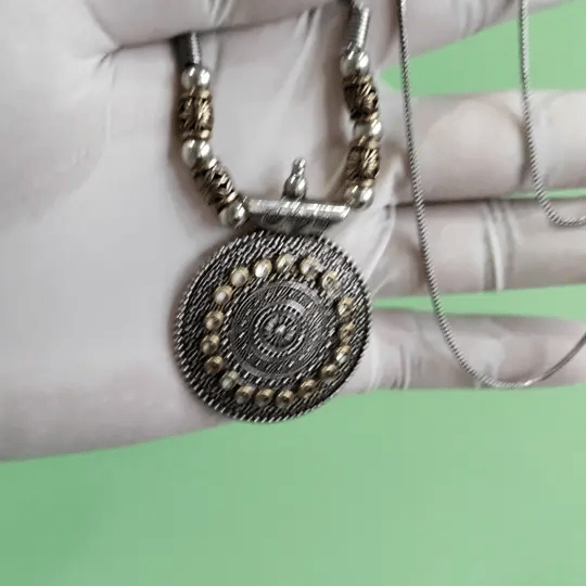Oxidized Silver Round Pendant Necklace with Antique Golden Beads – Boho Tribal Jewelry