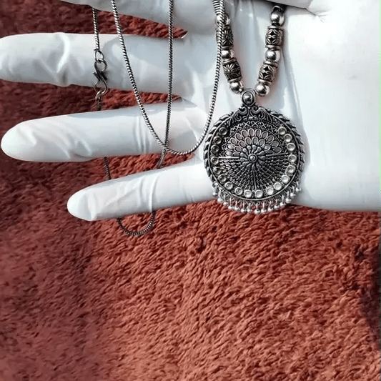 Ethnic Oxidized Silver & Gold-Tone Round Pendant Necklace – Boho Tribal Jewelry for Women