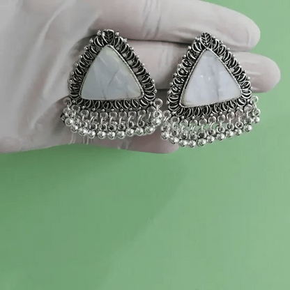 Triangle White Stone Oxidized Earrings with Hanging Beads – Ethnic Boho Jewelry